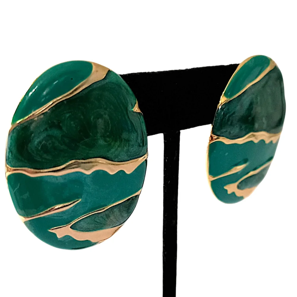 Vtg 80s Enameled Earrings LARGE Maximalist Abstract‎ Teal Gold Tone Metal Oval